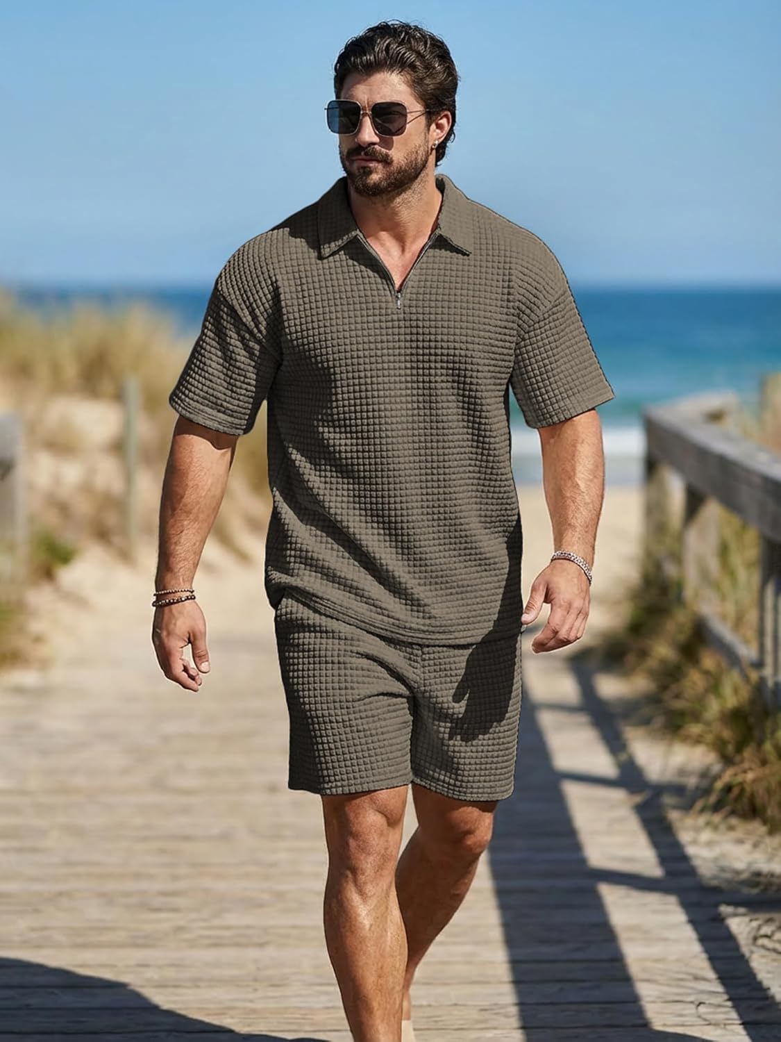 Men's 2 Piece Waffle Knit Outfit Half Zip Polo Shirt and Shorts Textured Summer Set