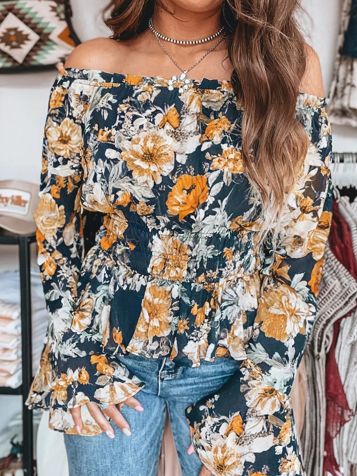 Floral Off Shoulder Bell Sleeve Smocked Peplum Top