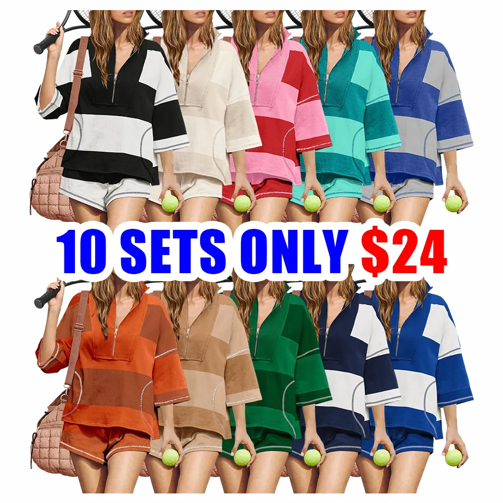 Women’s Striped 2-Piece Lounge & Workout Set Half-Zip Top and Shorts with Pockets