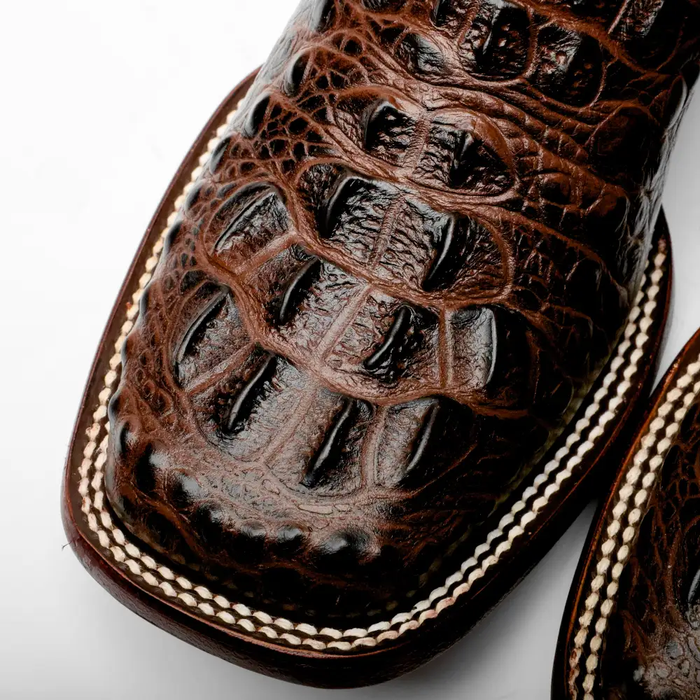 Brown Caiman Neck Leather Boots - Square Toe