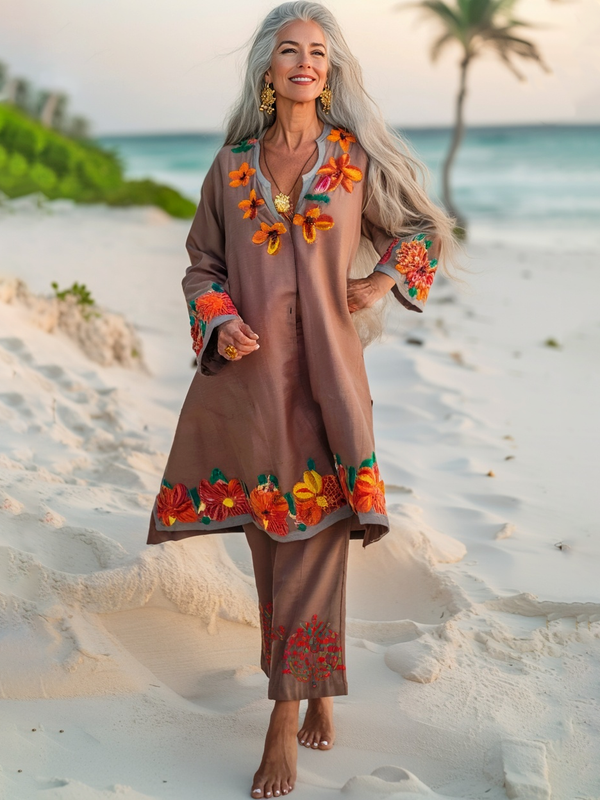 Vacation seaside elegant embroidery top + pant two piece set 9c12