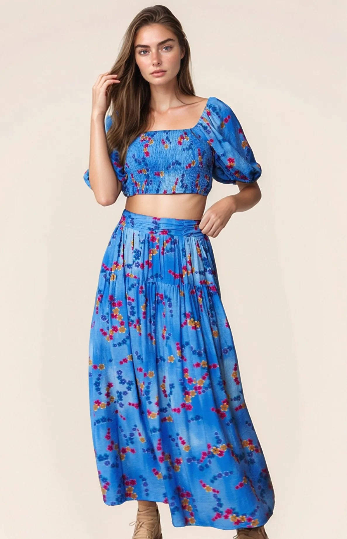 Printed Smocking Waistband Ruffled Maxi Skirt