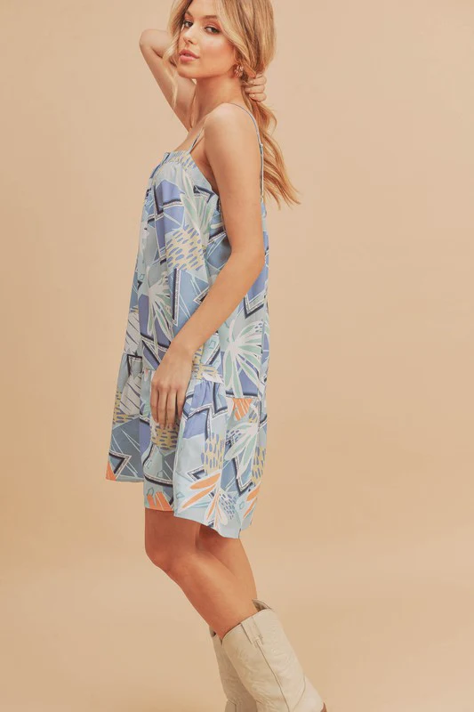 Printed Ruffled Hem Square Neck Mini Cami Dress