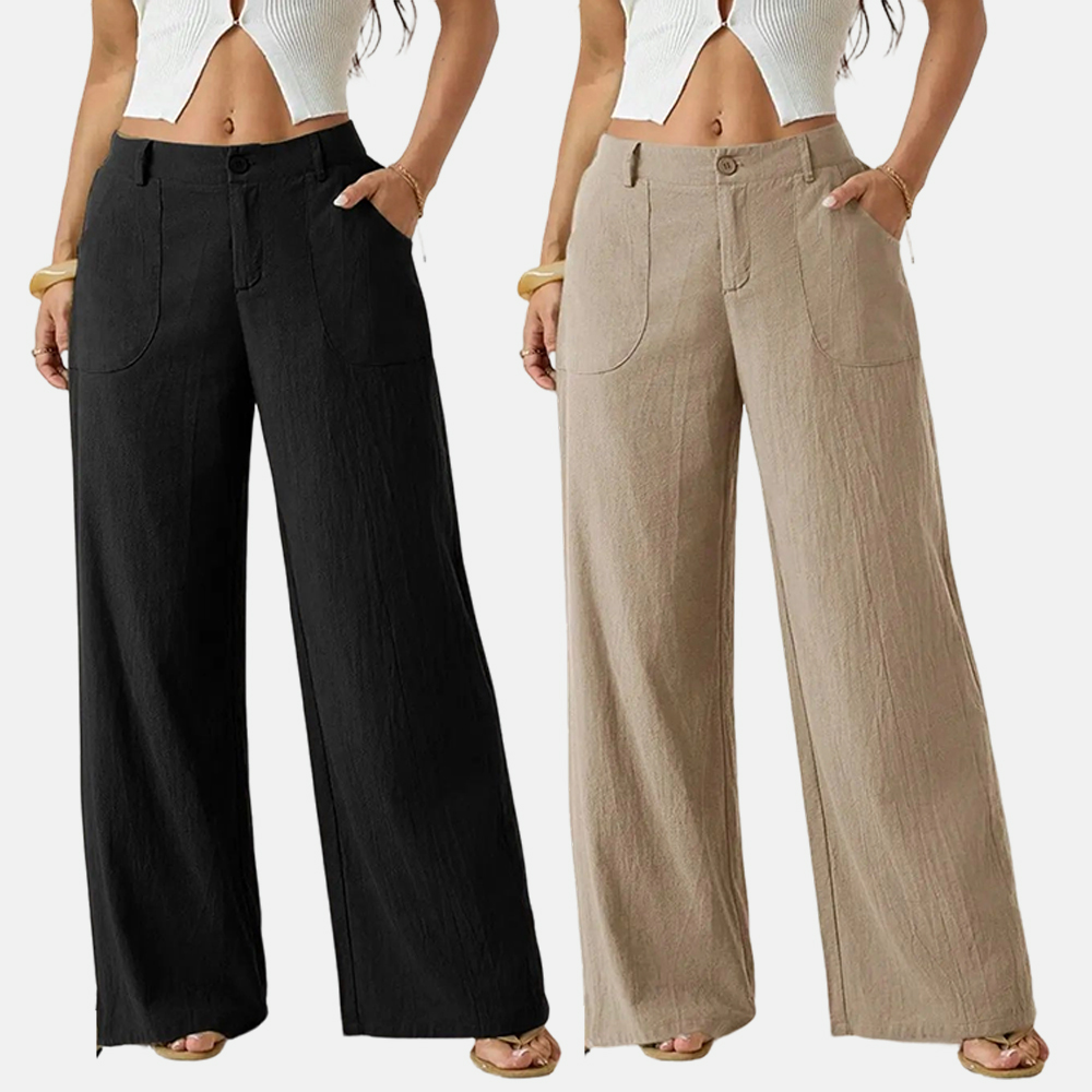 Women's Classical Linen Palazzo Pants Summer Flowy Wide Straight Leg Beach Trousers With Pocket