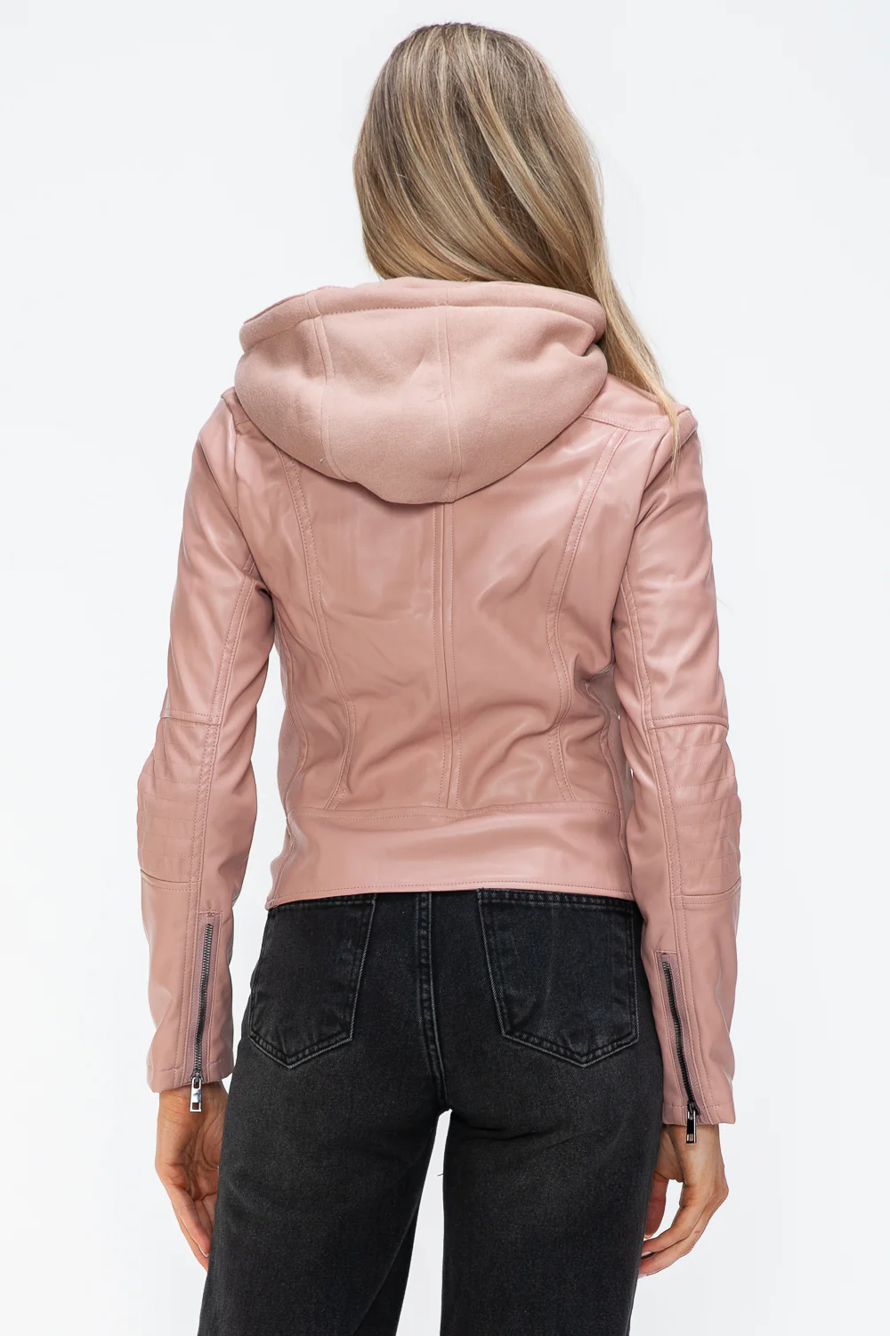 Faux Leather Zip Up Drawstring Hooded Jacket