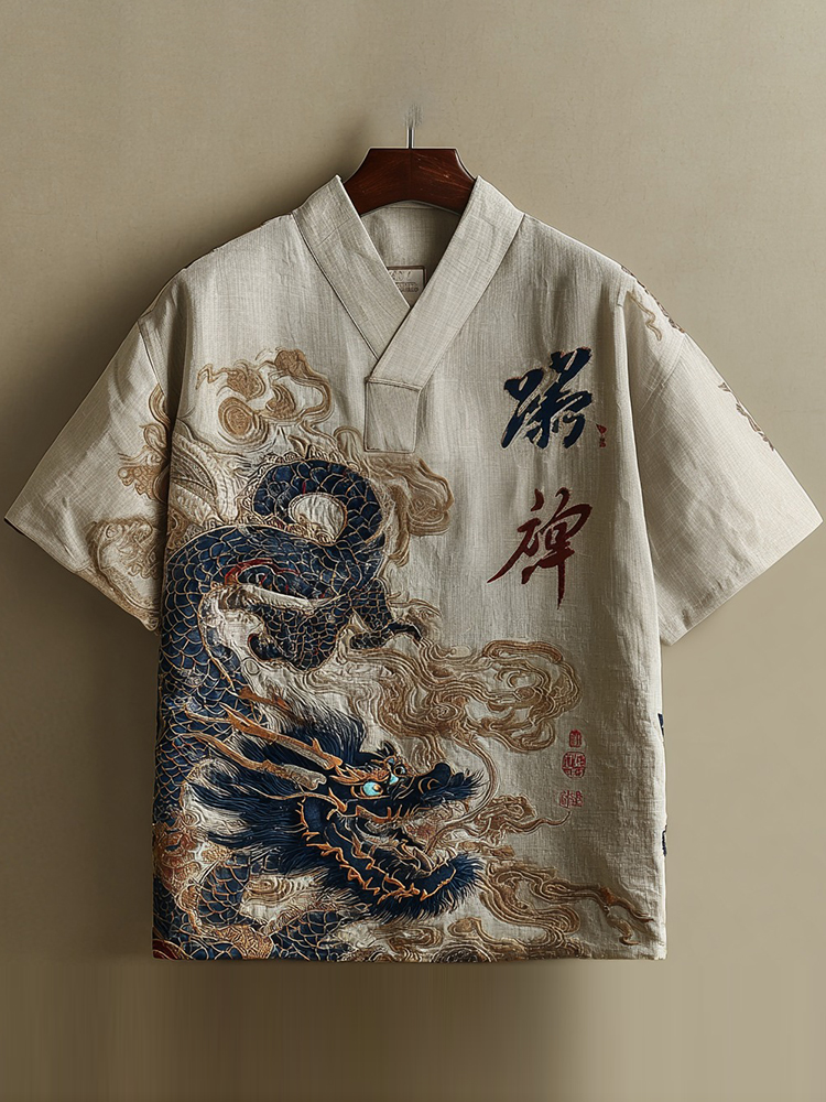 Men's Calligraphy With Dragon Art Print Short Sleeve Shirt