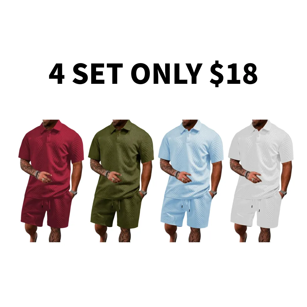 🔥 8-Set Men's Textured Polo & Shorts Sets – Casual Summer Two-Piece Outfits