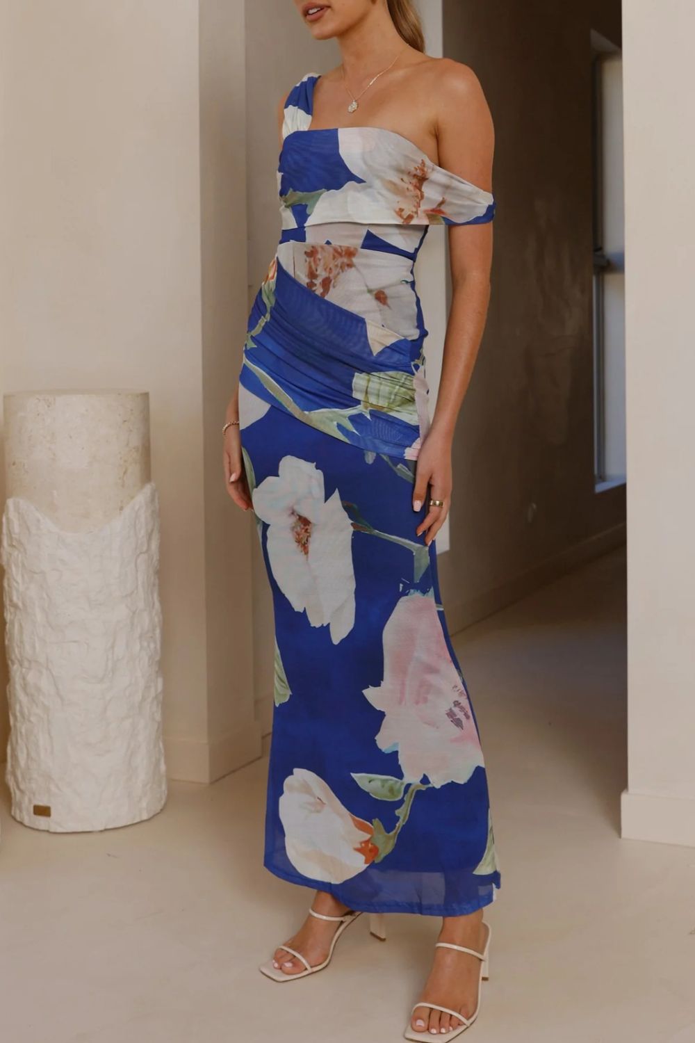 Floral Print One-Shoulder Ruched Maxi Dress