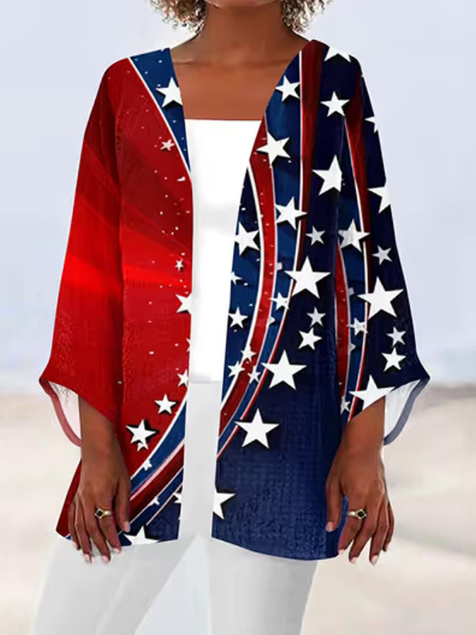 Women's Independence Day Vintage Flag Design Printed Casual Cardigan
