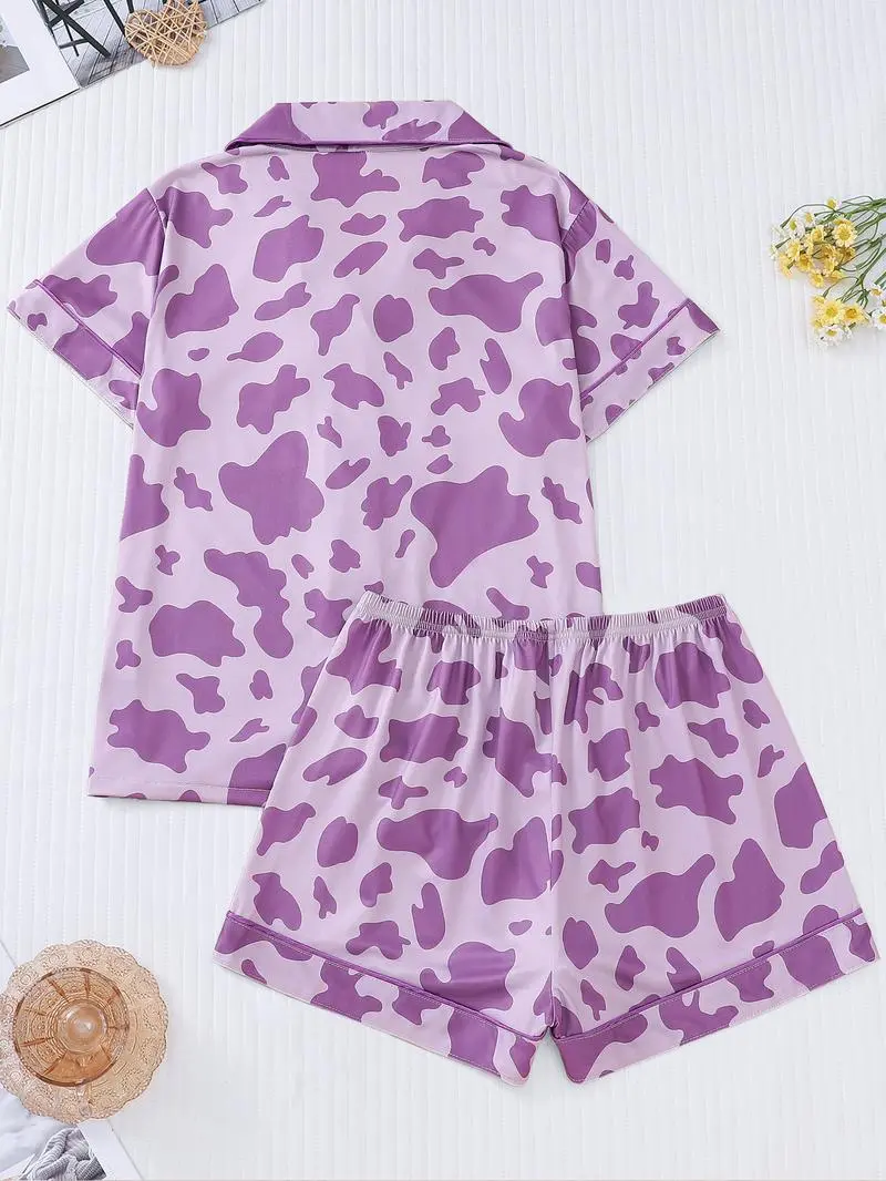 Women's Cow Print Contrast Binding Pyjama Set