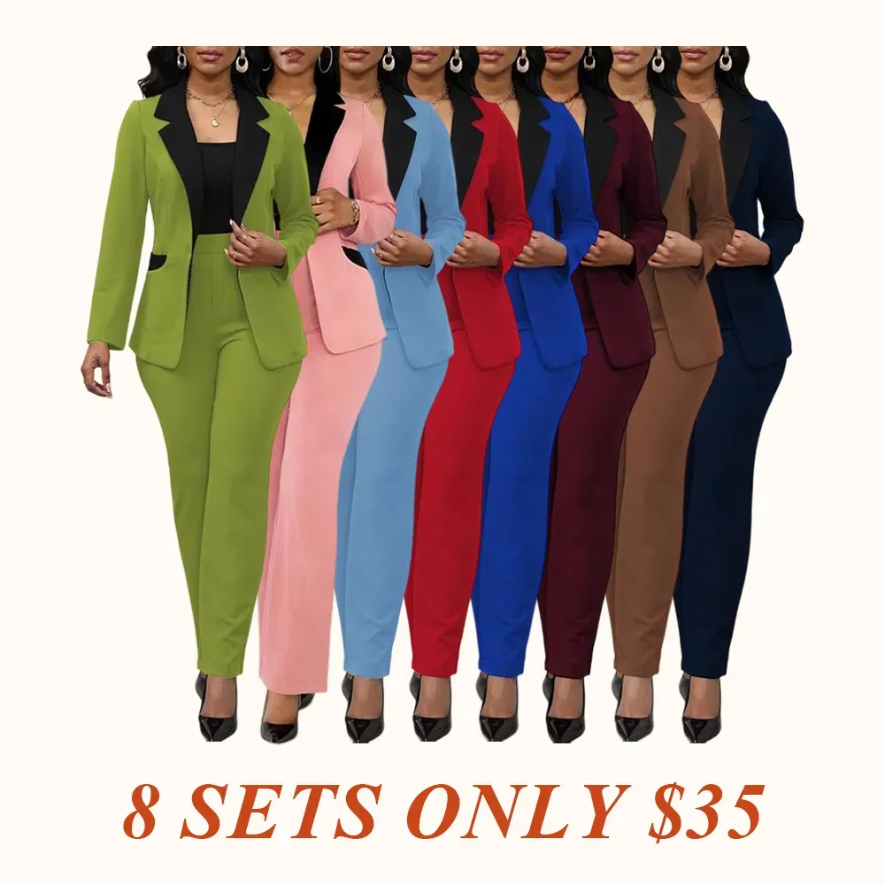 Women's Colorblock Blazer & Straight Leg Pants Set, Elegant Two-piece Set for Work Office Business, Ladies' Suits for All Seasons