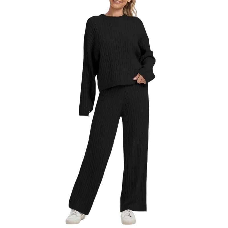 Women's Cable Knit Lounge Set - Long Sleeve Pullover & Wide Leg Pants