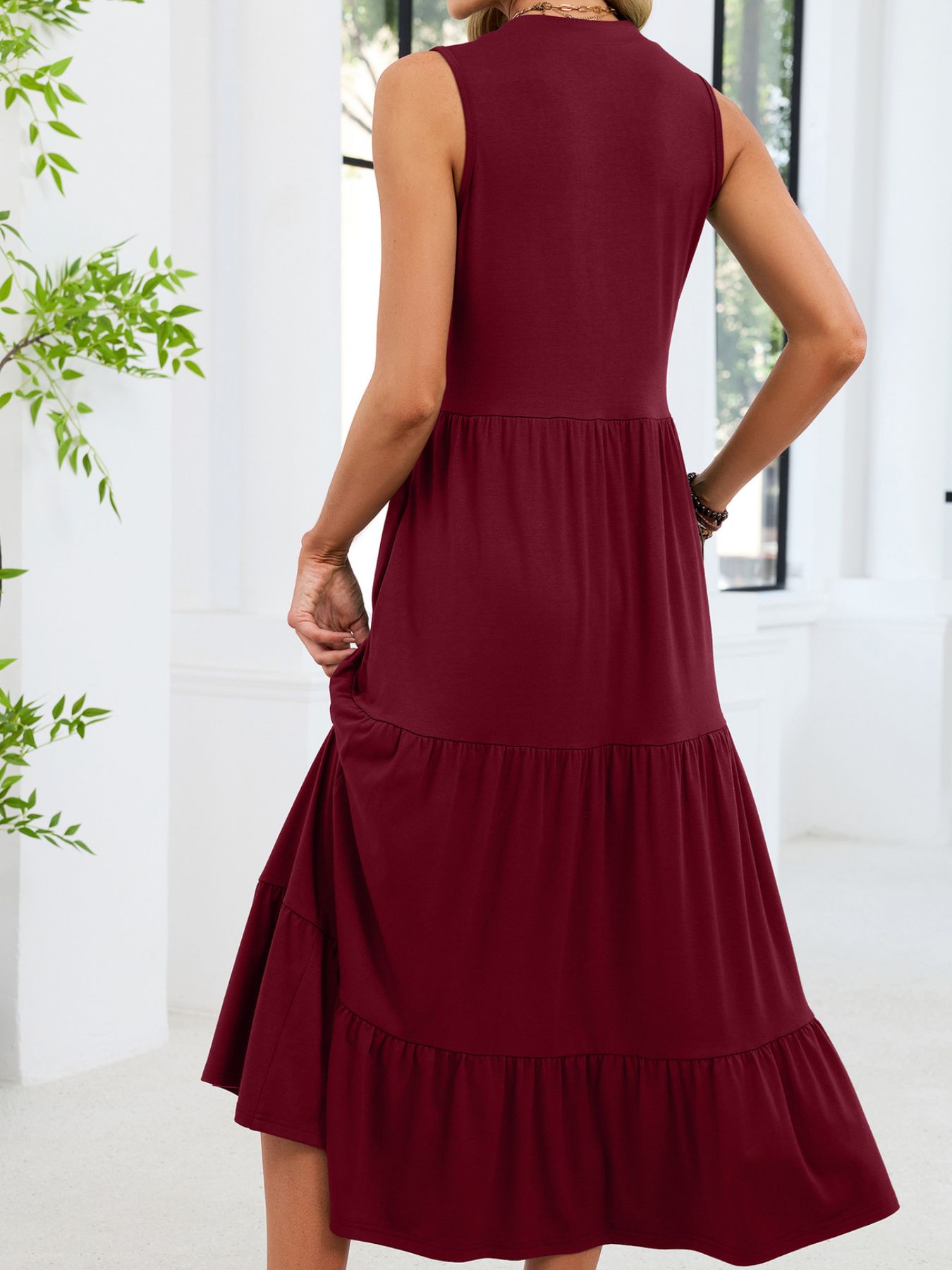 Ruffled Notched Tiered Midi Dress