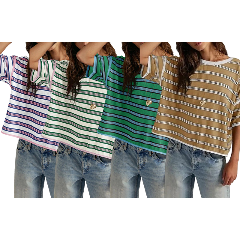 🎨🎨🎨Women's Striped Oversized Crewneck T-Shirt