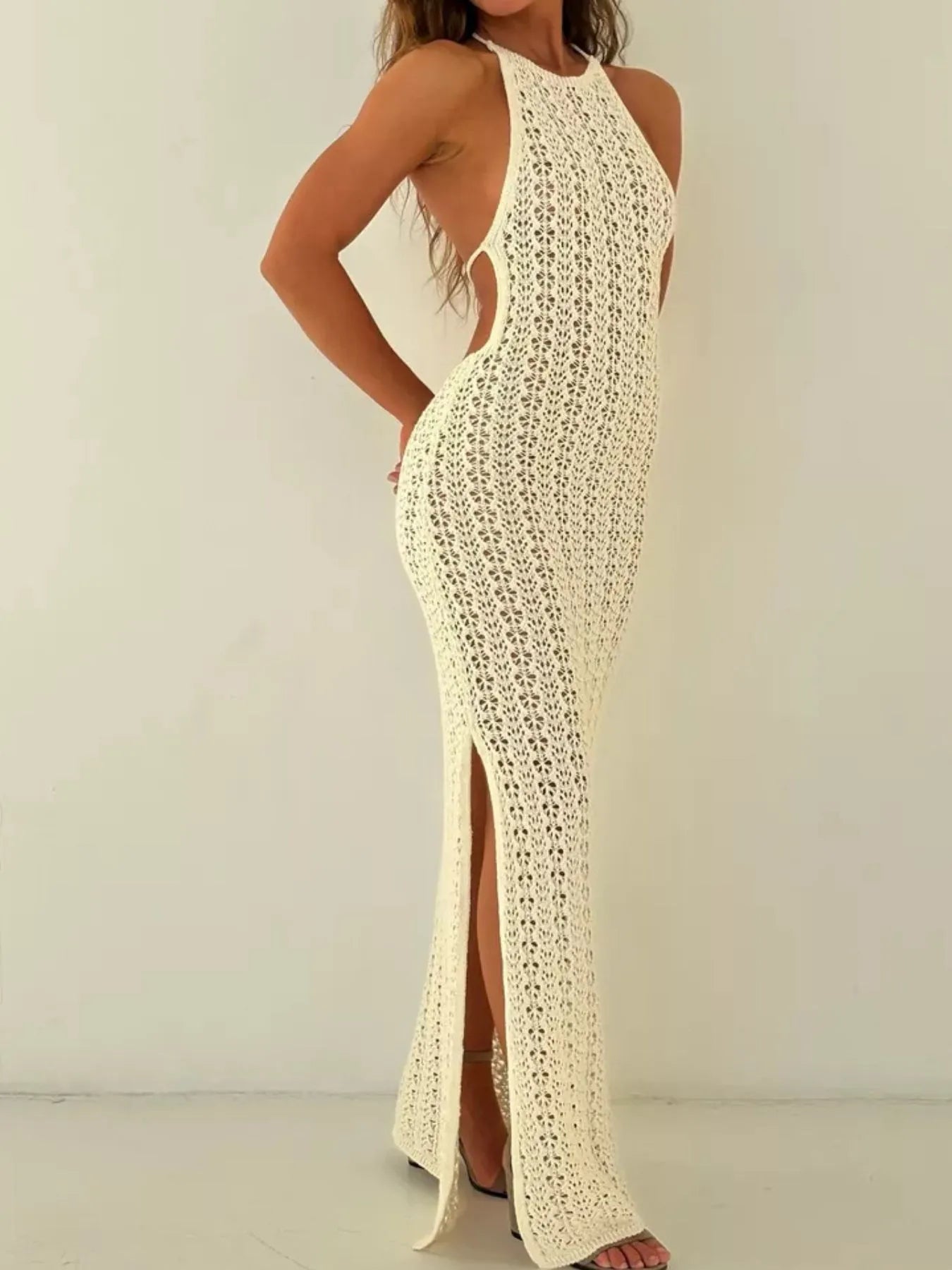Crochet Halter Neck Bodycon Knit Cover Up Dress