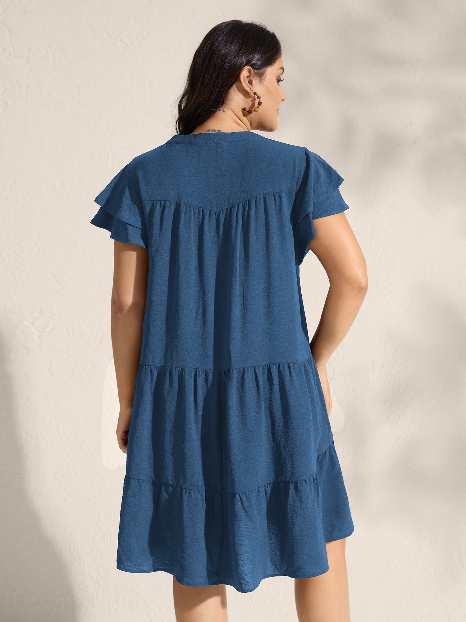 Embroidered Neckline A-Line Ruffled Knee-Length Dress