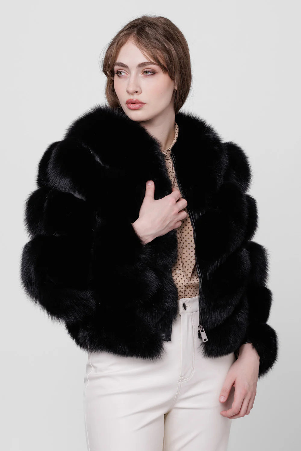 Haină din Blană Naturală de Vulpe, V Model, Transformabilă, Femei, Sable 276