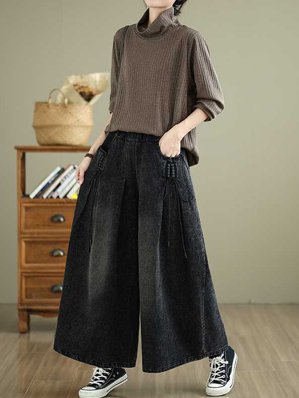 Elasticity Pleated Pockets High Waisted Loose Jean Pants Bottoms