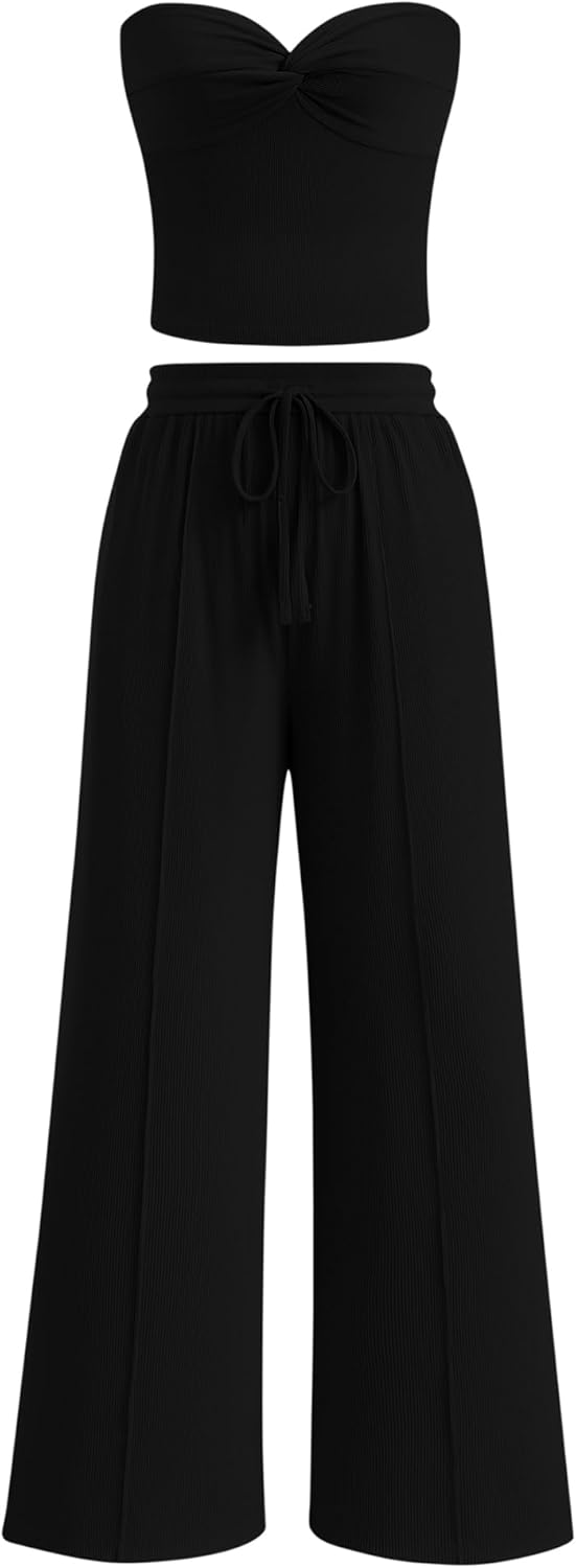 Two Piece Sets For Women Summer Ribbed Strapless Twist Knot Tube Top Pants Set Casual 2026 Beach Vacation Outfits