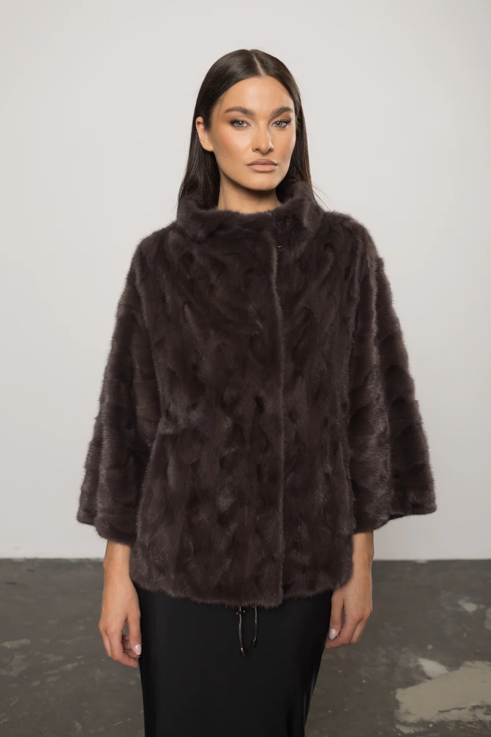 Haină din Blană Naturală de Vizon, Mâneci 3/4, Femei, Purple Brown 400