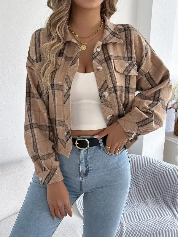 Women's Plaid Print Button Front Drop Shoulder Jacket