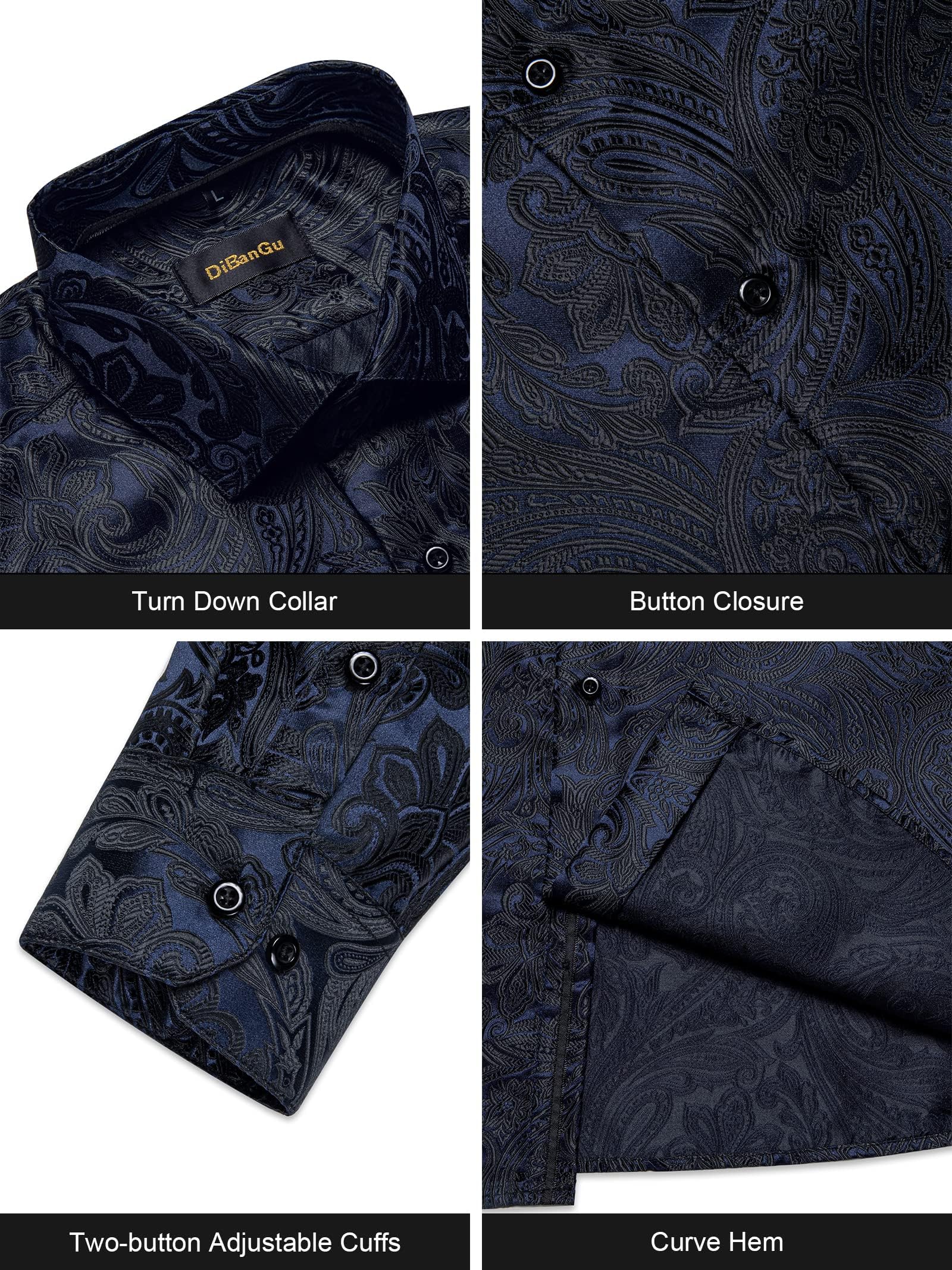 Men's Paisley Dress Shirt Long Sleeve Wrinkle Free Button Down Cowboy Shirts - Navy Blue&black&paisley