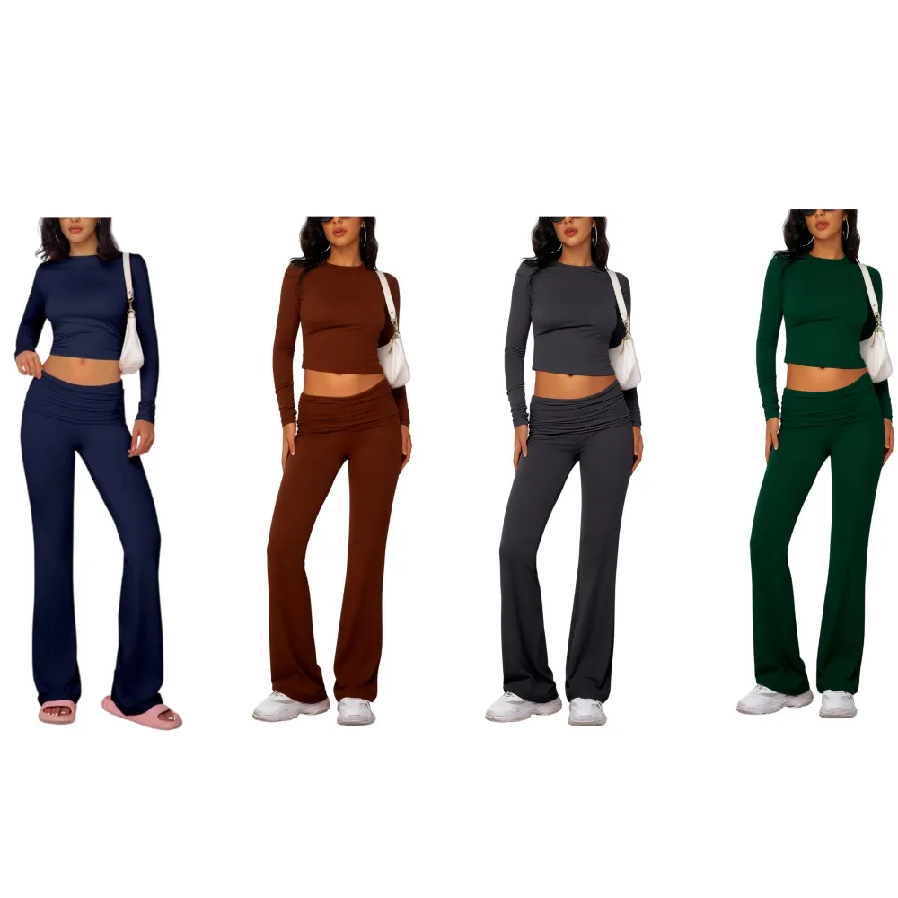 Casual Longsleeves Crop Tee & Fold Over Waist Flare Leg Pants Set