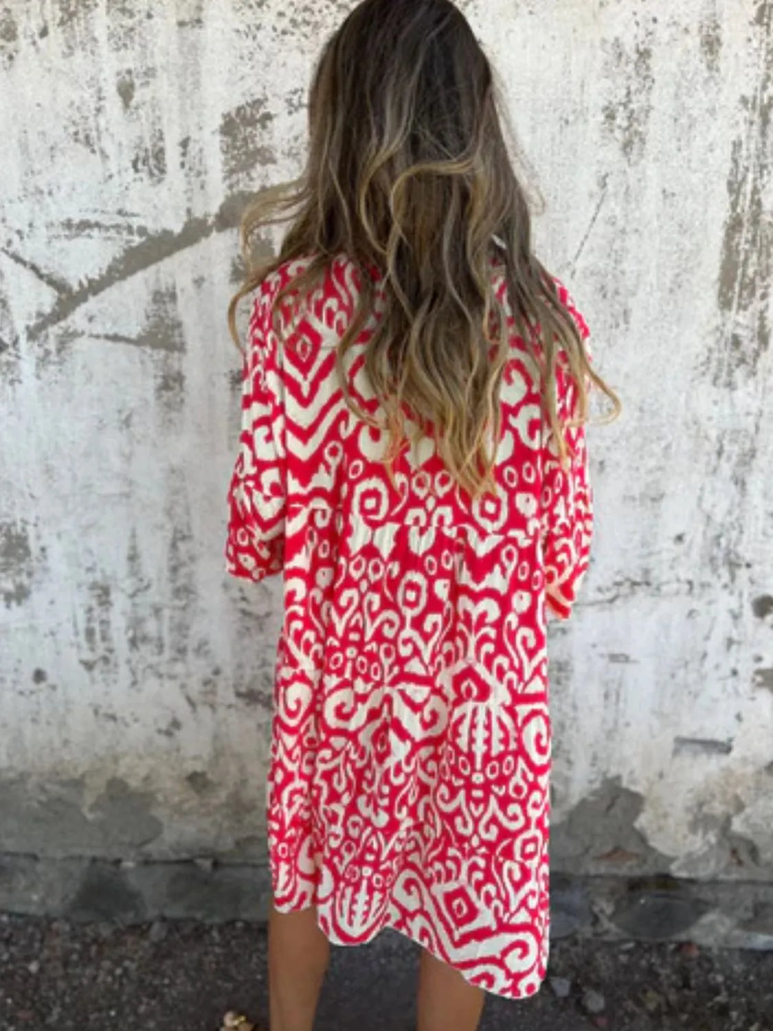 Plus Size Ethnic Print Notched Half Sleeve Midi Dress