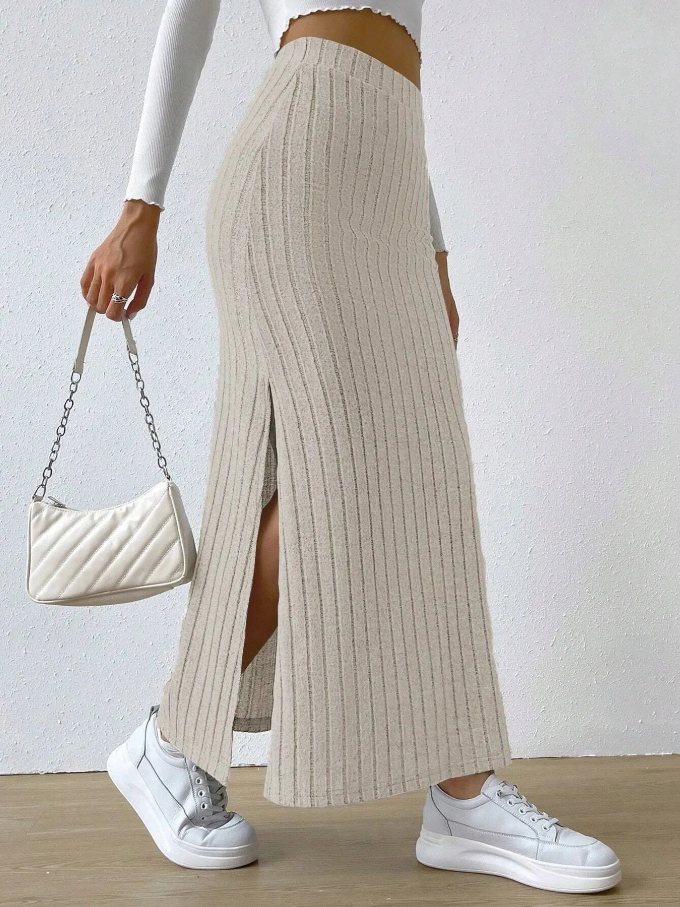 High Waist Ribbed Knit Maxi Skirt