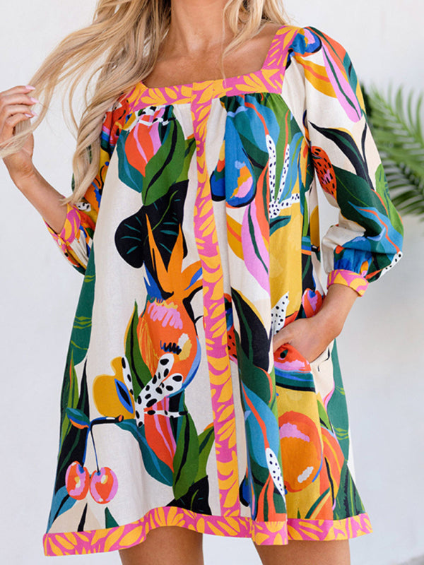 Fresh And Sweet Printed Long Skirt Three-Quarter Sleeve A-Line Skirt