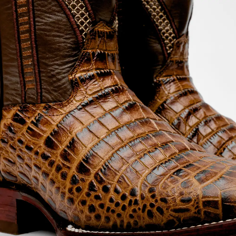 Honey Caiman Belly Leather Boots - Square Toe