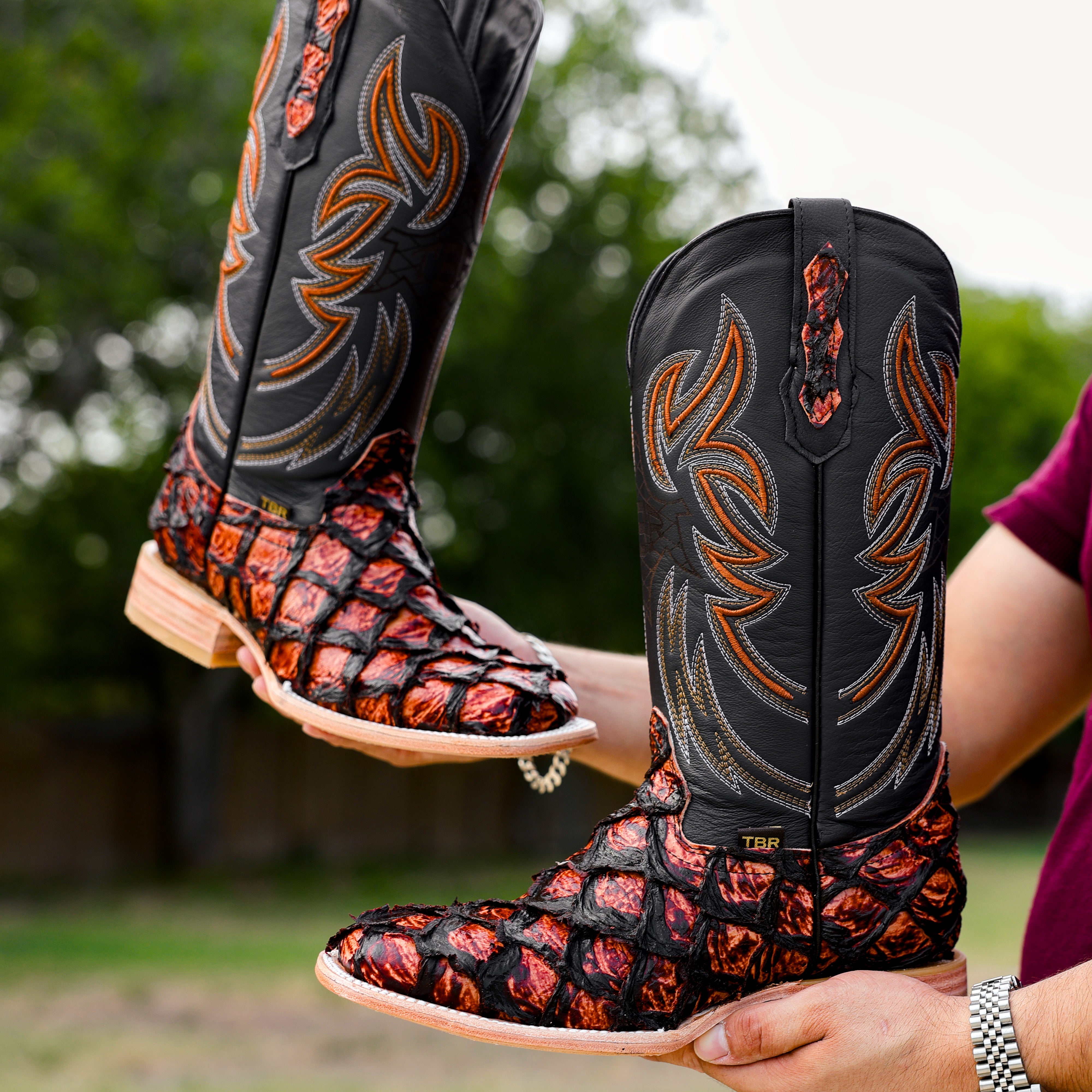 Cognac Jumbo Pirarucu Leather Boots - Square Toe