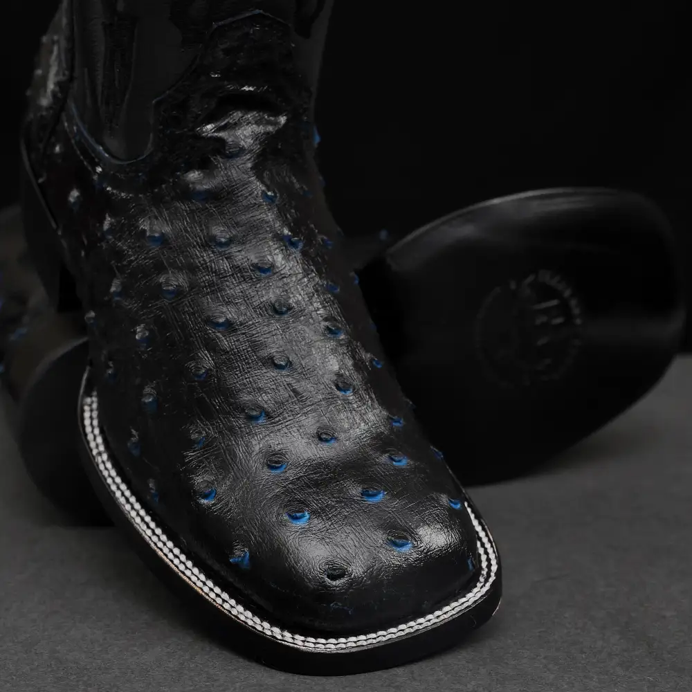 Black/Blue Ostrich Leather Boots - Square Toe