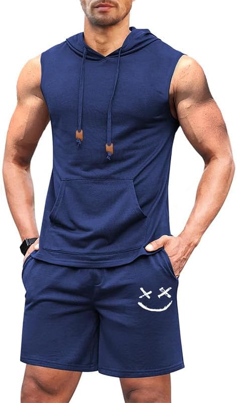Men's Hoodie Short Set Workout Hooded Tank Top Solid Color 2 Piece Outfit Summer Sleeveless Tracksuits