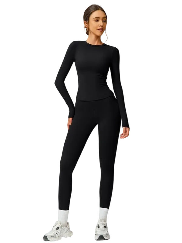 Women’s Two-Piece Patchwork Yoga Set – High Elastic Slim Fit Long Sleeve Top & Tight Pants