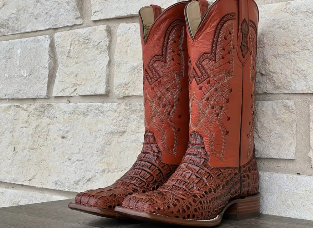 Men’s Cognac Crocodile Horn-Back Leather Boots With Orange Shaft