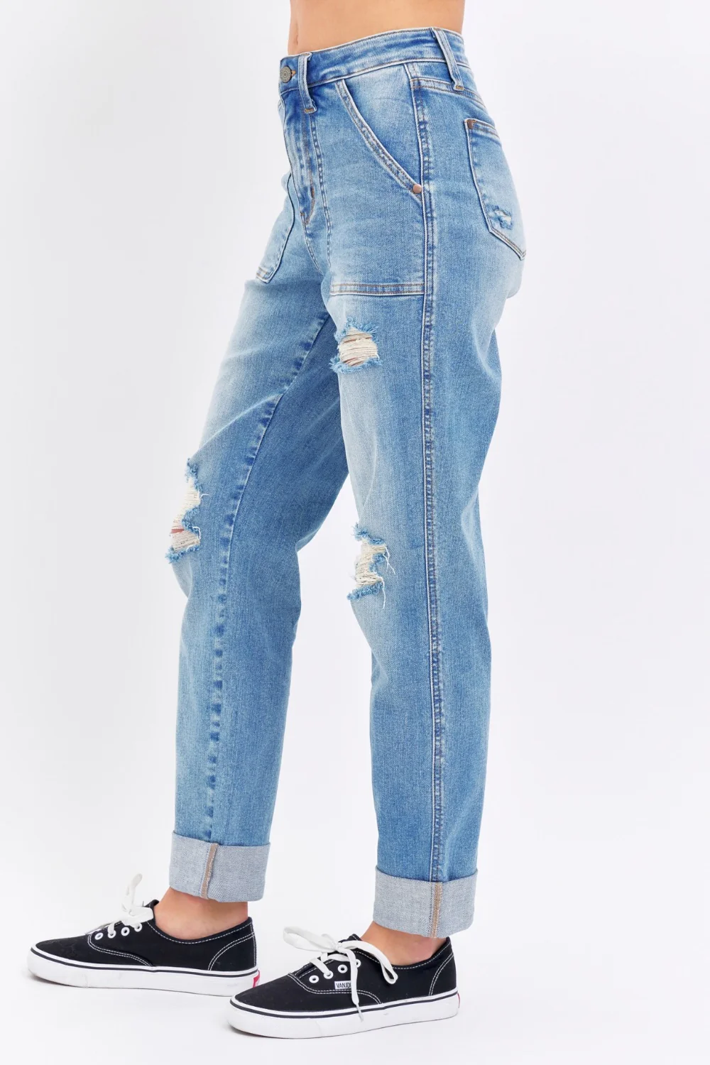 Blue Full Size Distressed Straight Jeans with Patch Pockets