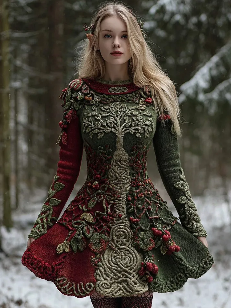 Women's Christmas Holly Leaves Life Of Tree Gradient Celtic Knitted Midi Dress