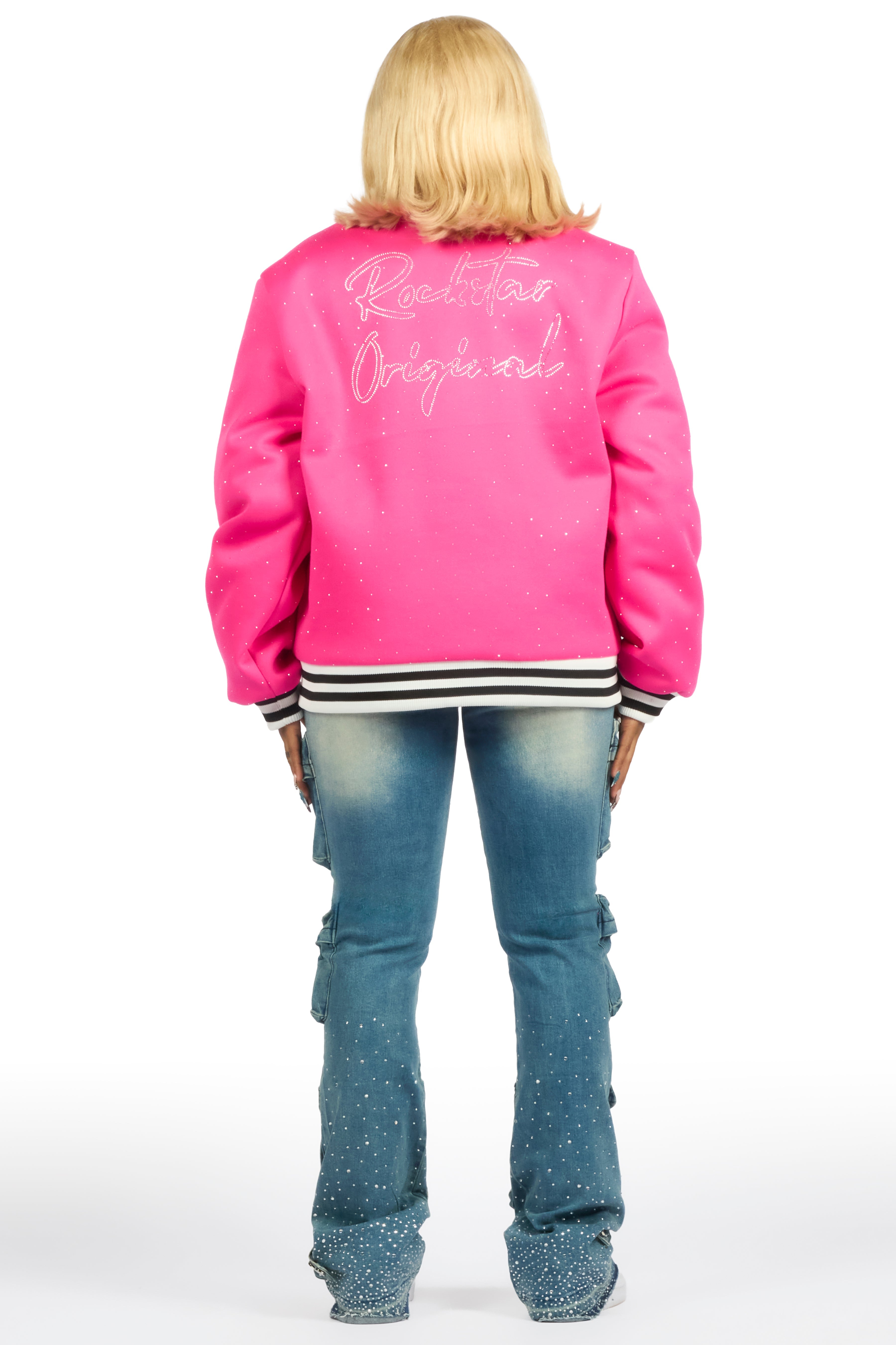 Alonza Hot Pink Rhinestone Varsity Jacket