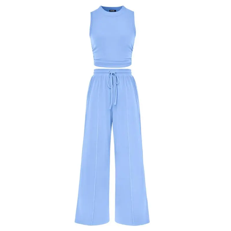 Women's 2-Piece Ribbed Knit Sleeveless Cropped Top & Wide Leg Pants
