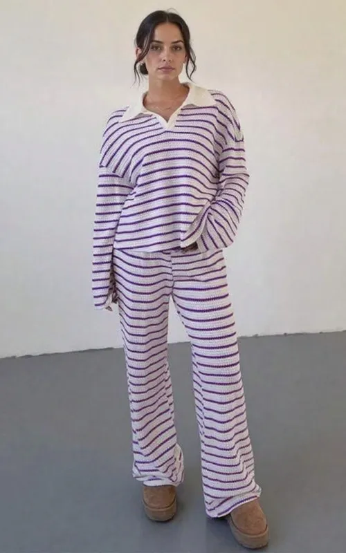 Women's casual color-block striped two-piece set