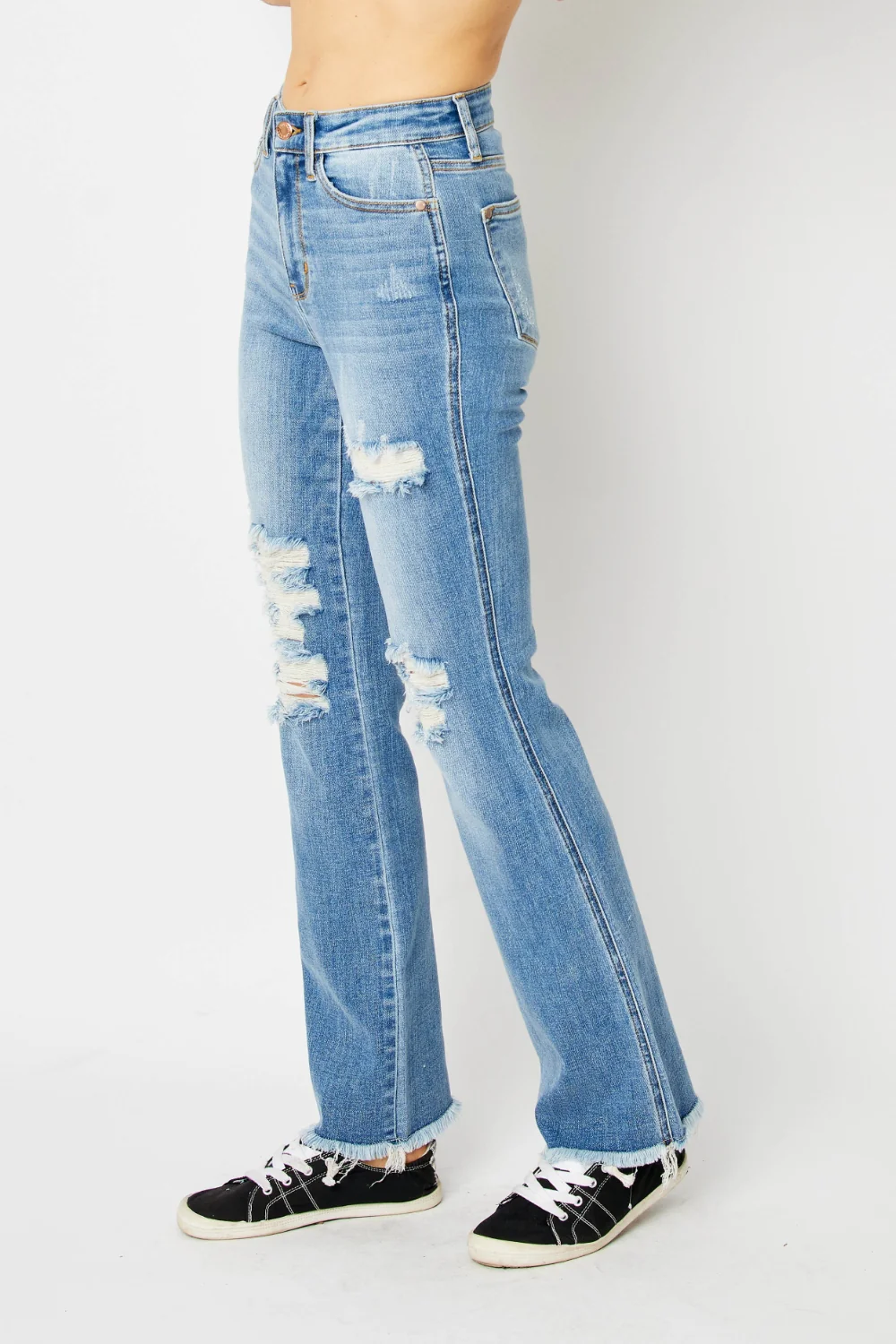 Blue Full Size Distressed Raw Hem Bootcut Jeans
