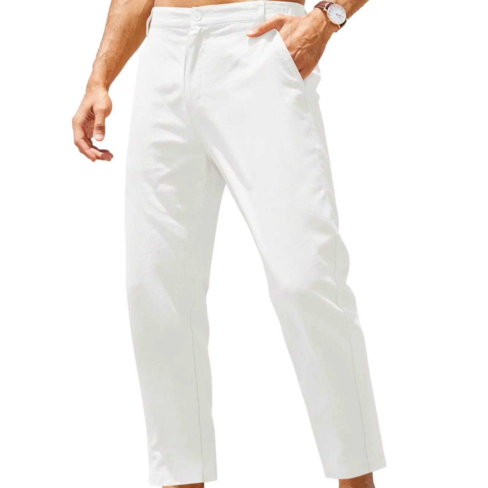 Men's Cotton Linen Pants Elastic Waist Lightweight Casual Pants