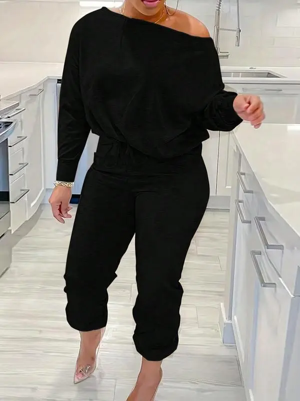 Plus Size One Shoulder Lounge Set – Soft, Casual & Chic