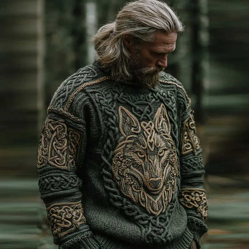 Men's Vintage Viking Wolf Pattern Cozy Knit Pullover Sweater