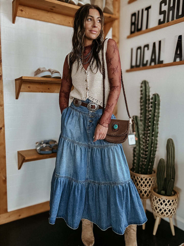 Bohemian A-Line Tiered Denim Maxi Skirt