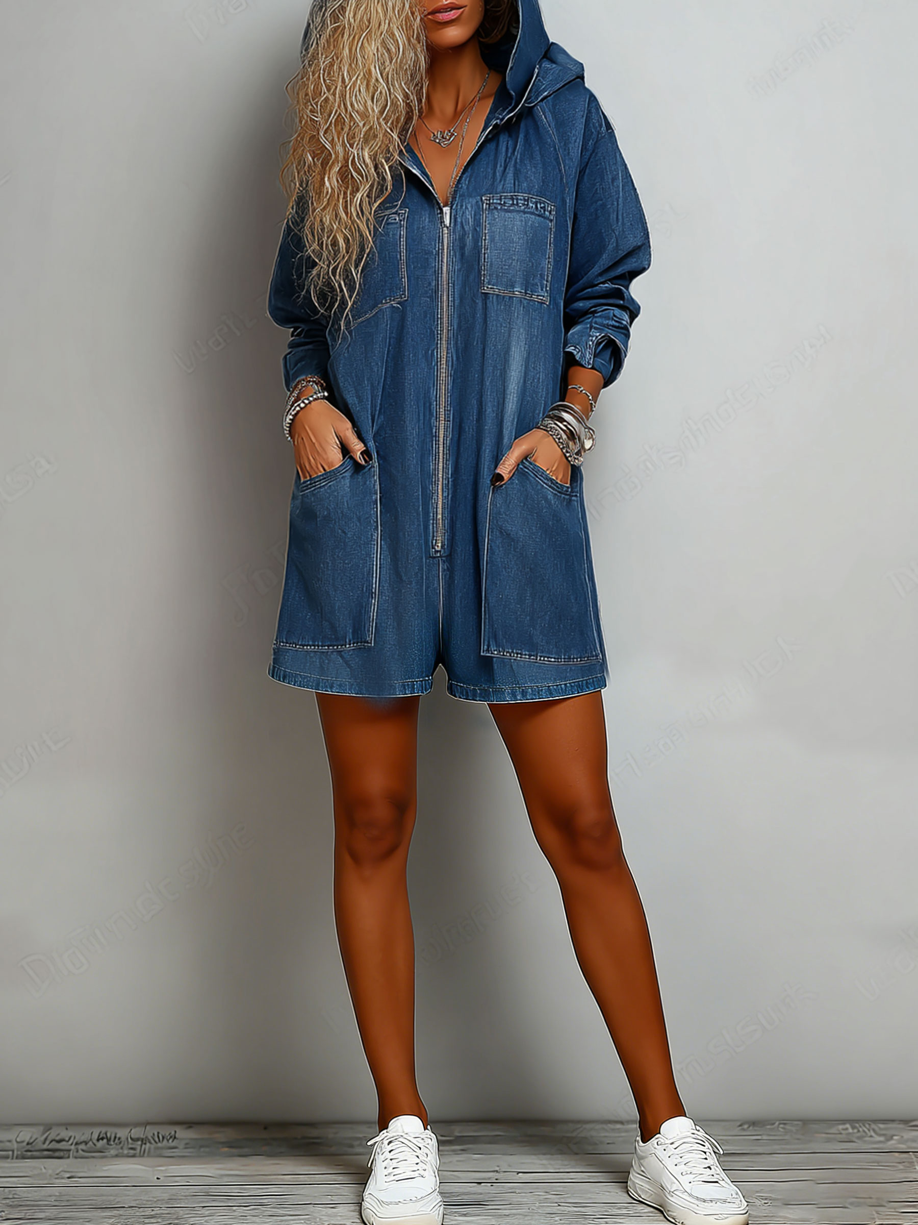Women’s Hooded One Piece Denim Jumpsuit