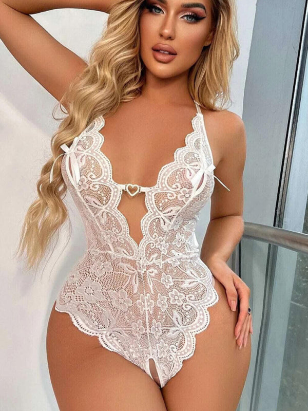Lace See-Through Crotch-Free One-Piece Lingerie