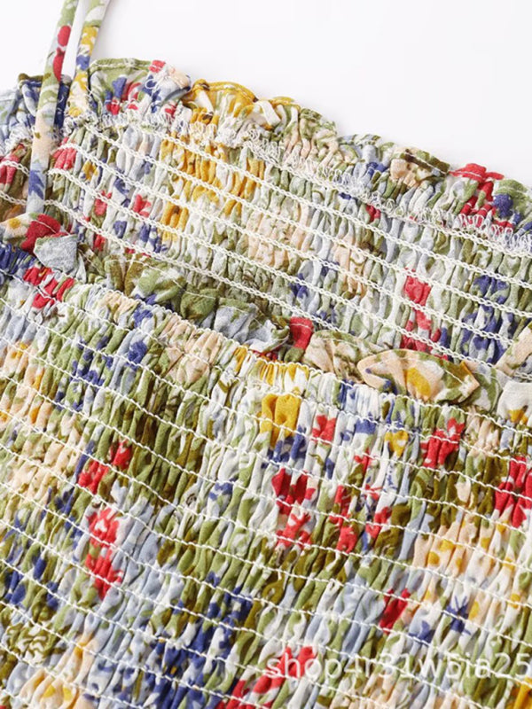 French Resort Style Pleated Elastic Waisted A-Line Skirt Floral Lace Mid-Length Dress