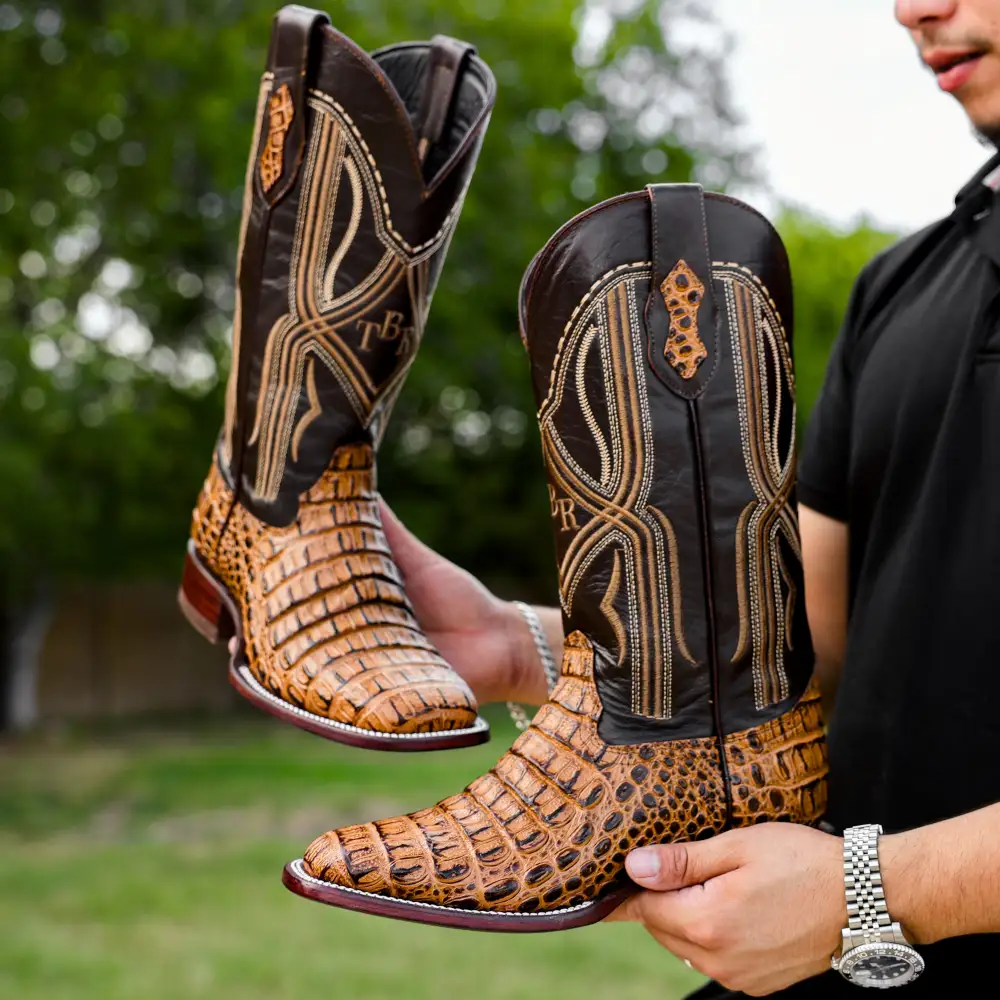Honey Caiman Hornback Leather Boots - Square Toe